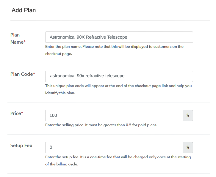 Specify the Plan and Pricing to Sell Telescopes Online