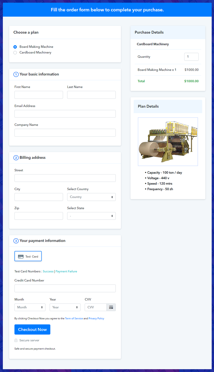 Multiplan Checkout Page to Sell Cardboard Machinery Online