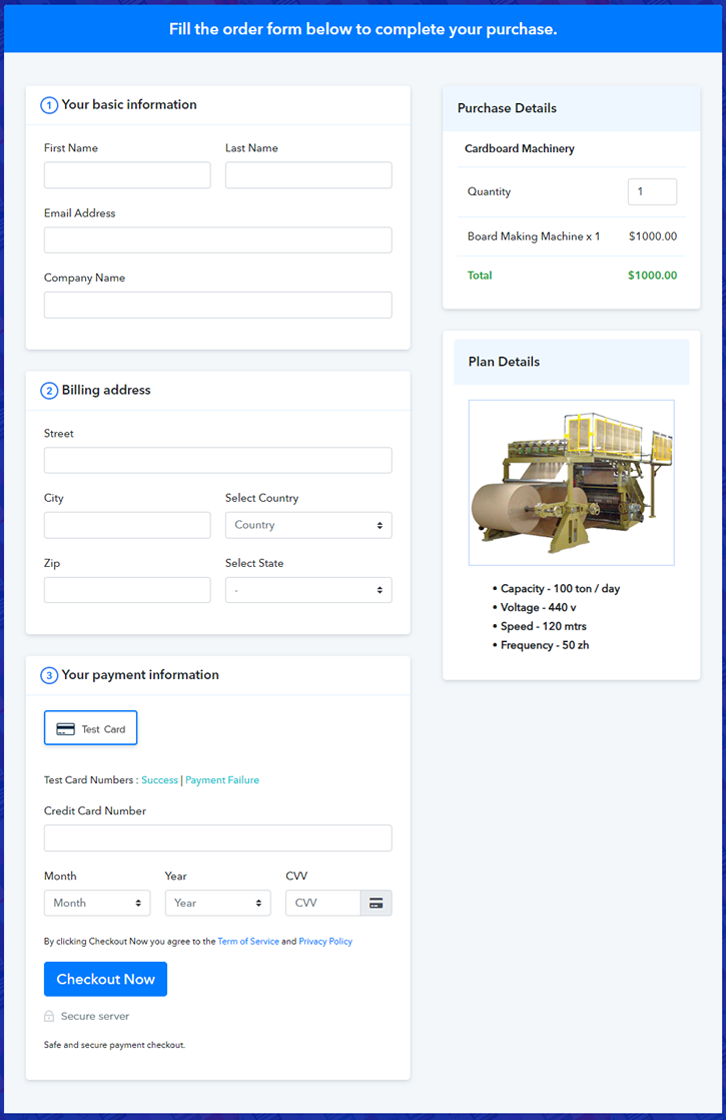 Final View of Checkout Page for your Cardboard Machinery Selling Business