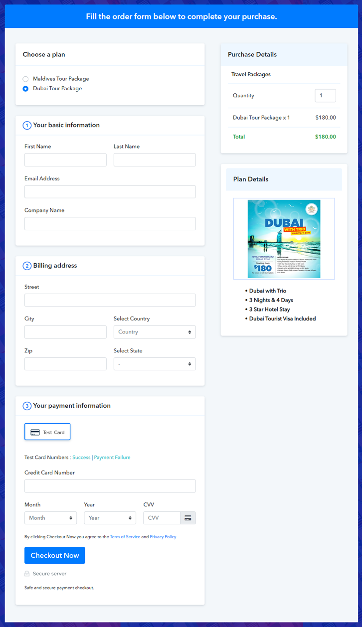 Multiplan Checkout Page to Sell Travel Packages Online