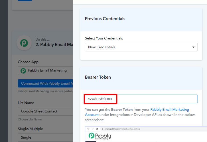 Paste the Tokenfor connecting google sheets to pabbly email marketing