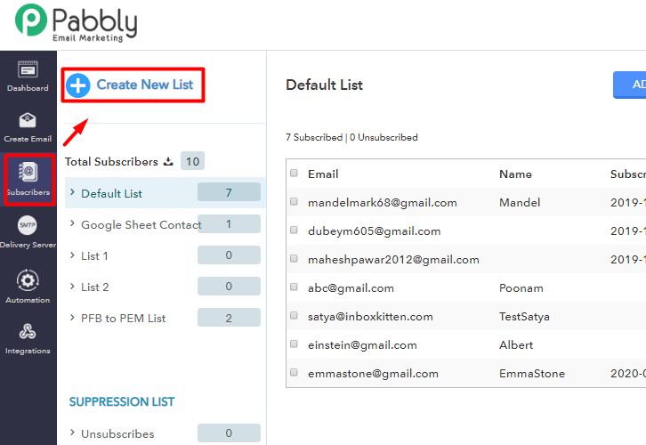 Create New List to integrate pabbly connect to pabbly email marketing