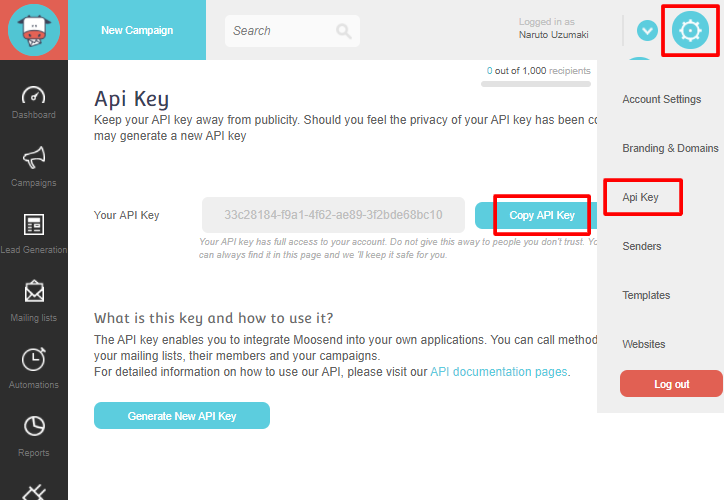 Copy Moosend API Key