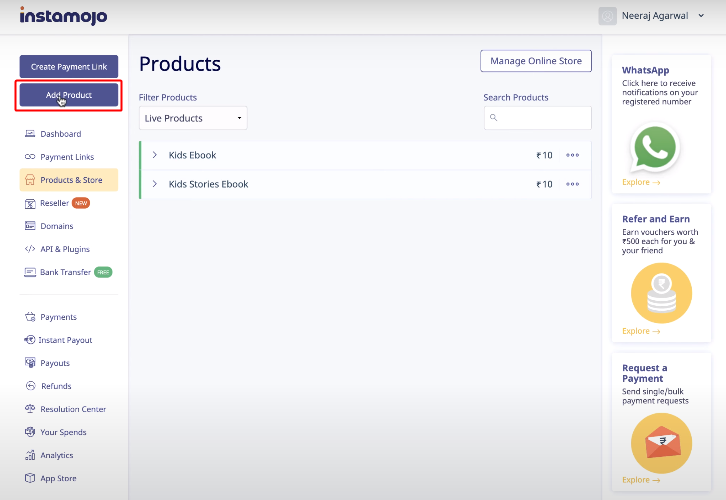 Instamojo Add Product