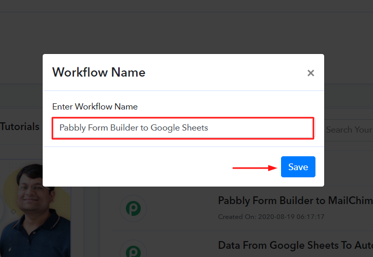 Name the Workflow for Pabbly Form Builder to Google Sheets