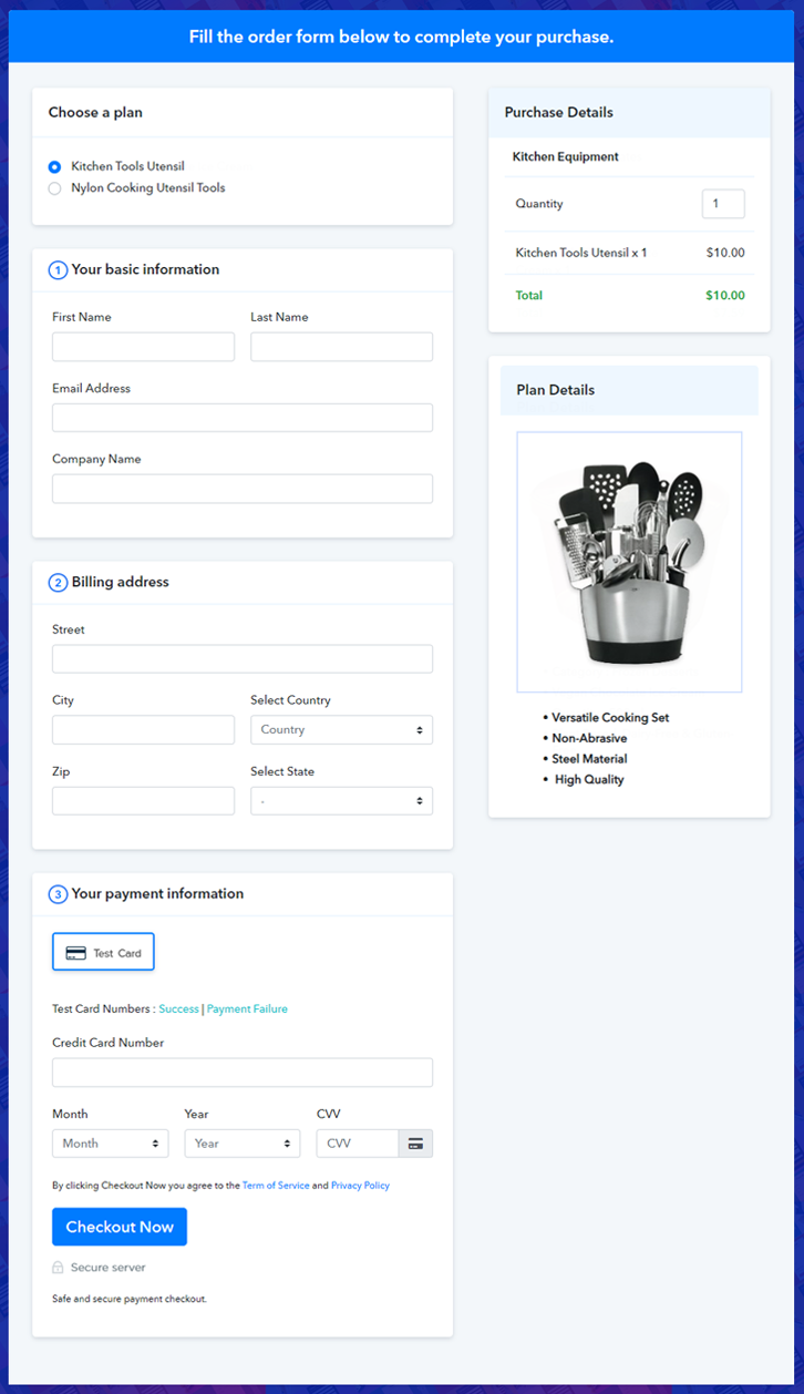 Multiplan Checkout Page to Sell Kitchen Equipment Online