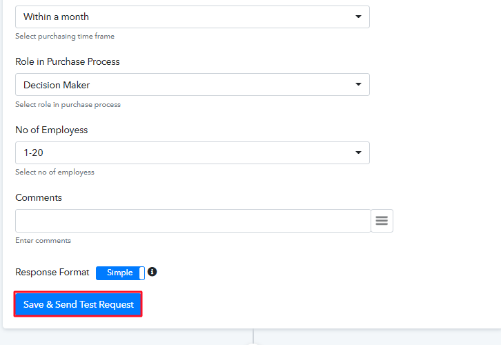 Save & Send Test Request to Integrate Pabbly Form Builder to Zoom