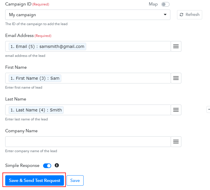 Save and Send Test Request
