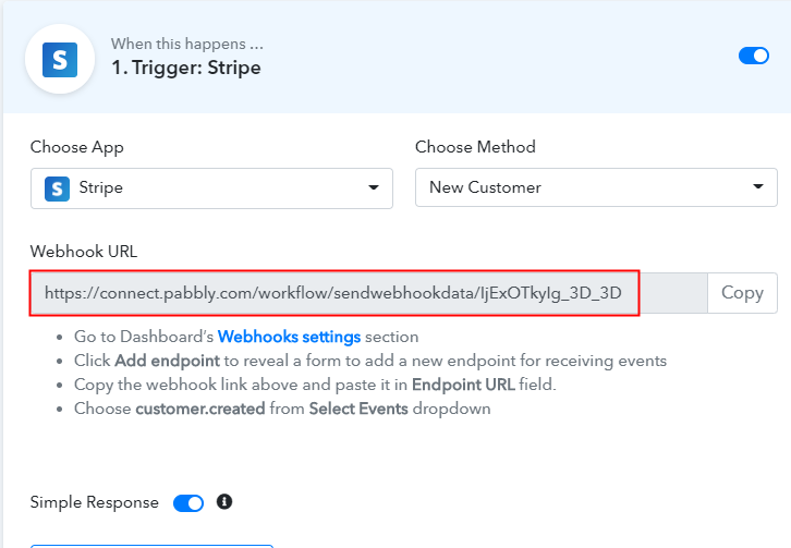 Copy the Webhook URL for Stripe & Quickbooks Online Integration