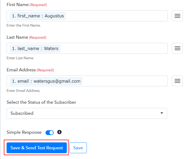 Save and Send Test Request