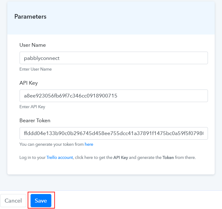 Paste Credentials in Pabbly Connect Dashboard to Create Trello Cards from New Google Sheets Spreadsheet Rows