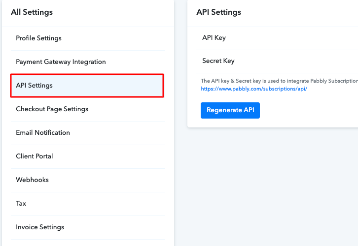 Click on API settings