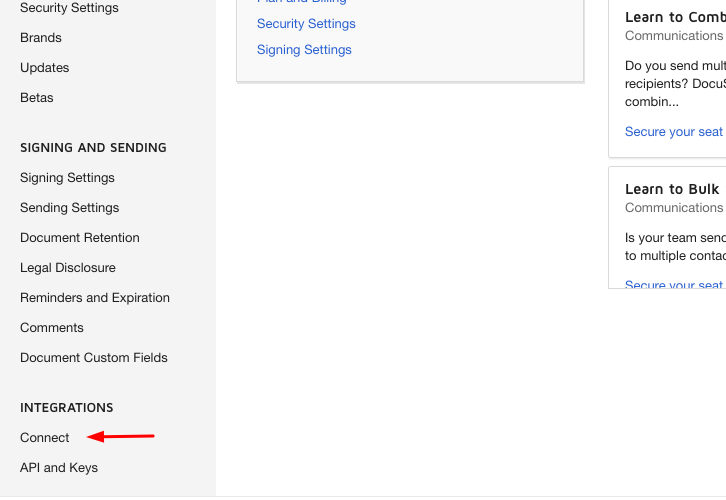 Click on Connect in Integration of Docusign