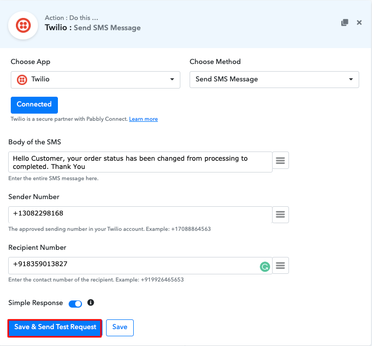 Send Test Request for Twilio