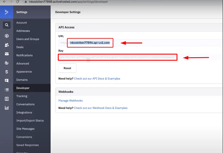 Copy the API key & URL form ActiveCampaign