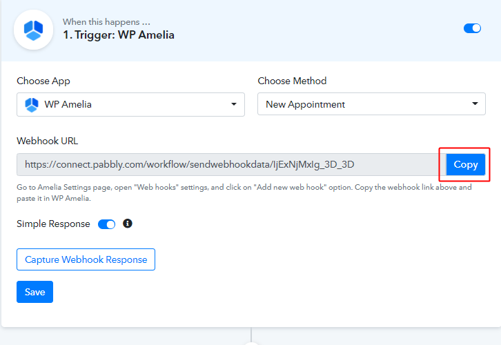 Copy PC Webhook URL to Connect WP Amelia to Google Calendar and Gmail