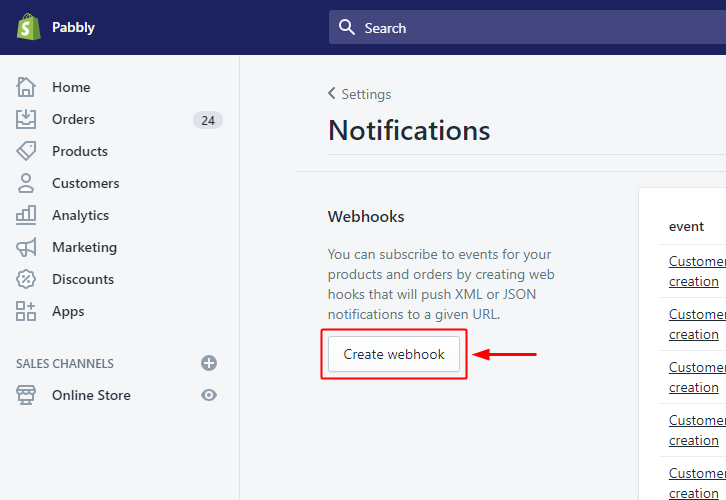 Create Webhook Shopify