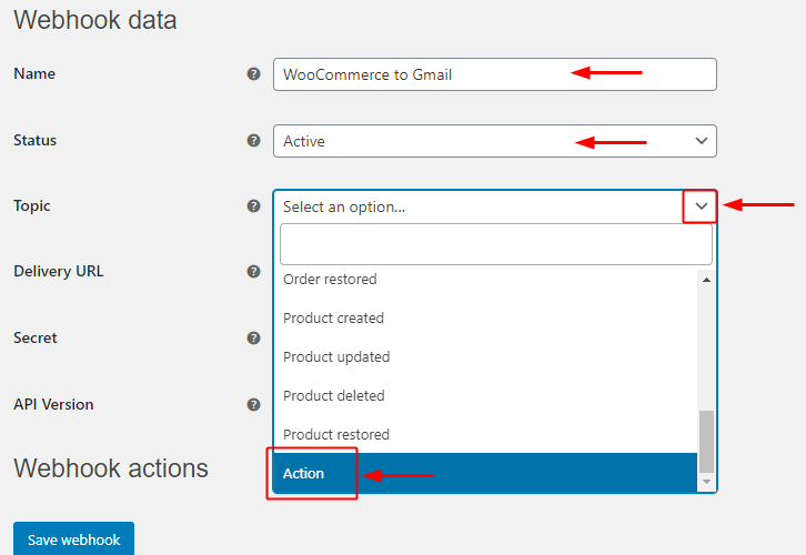 Fill in the Webhook Data Box