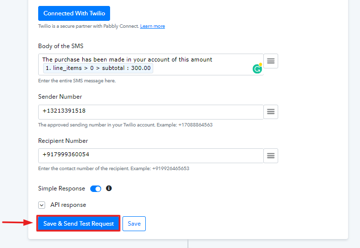 Save and Send Test Request to get SMS Notifications for Every WooCommerce Purchase