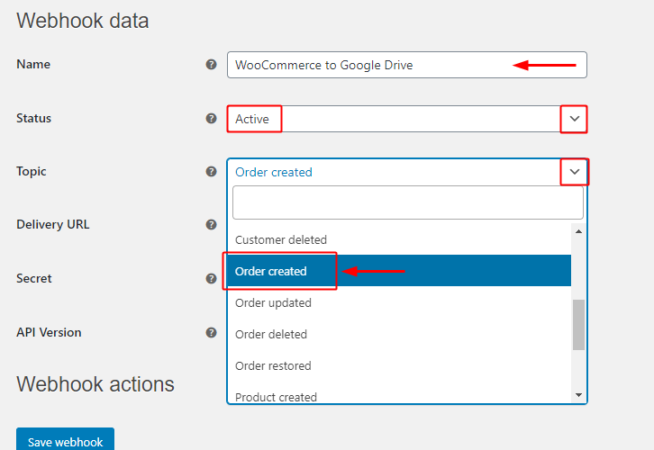 Woocommerce Webhook Settings