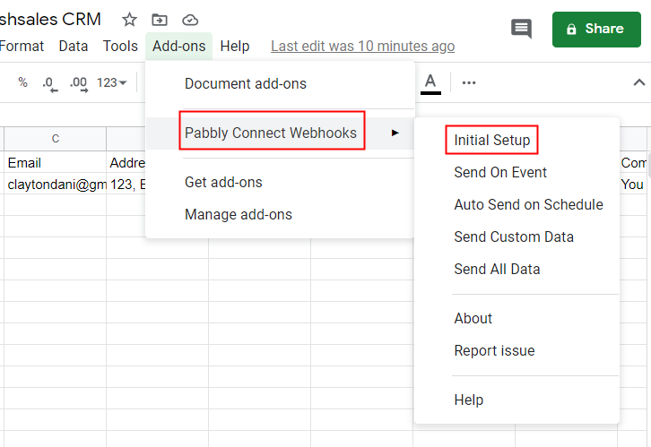 Press Initial Setup in Google Sheets