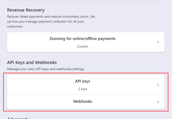 Go to API Keys and Webhooks Option