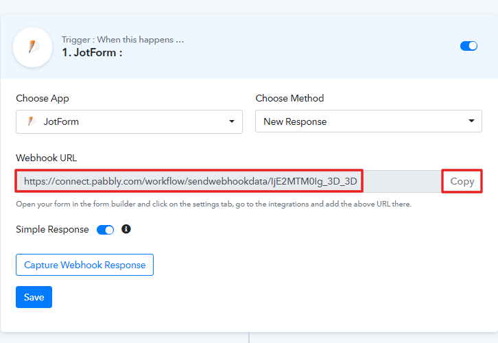 Copy the Webhook URL to Save New JotForm Form Submissions to Google Sheets