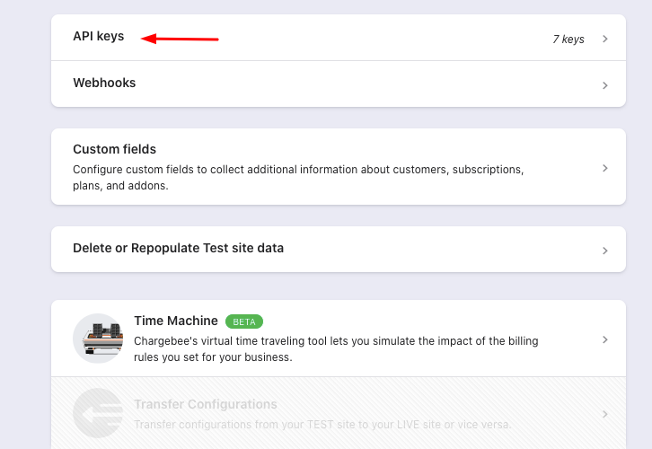 Click API Keys Chargebee