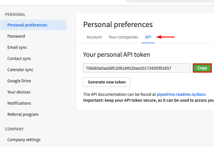 Click on API and Copy API Token