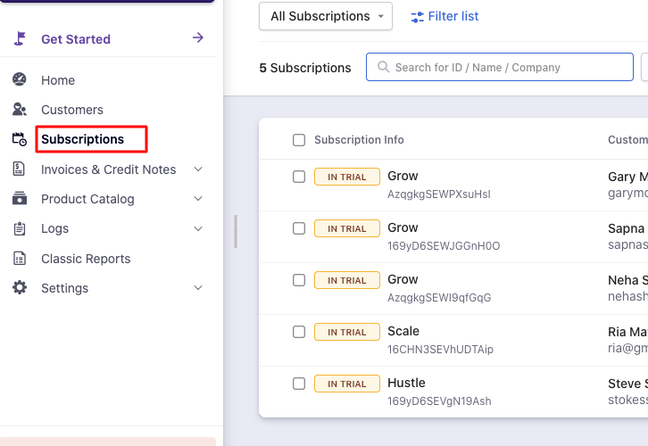 Click on Subscriptions Chargebee