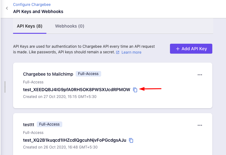 Copy the API Key Chargebee