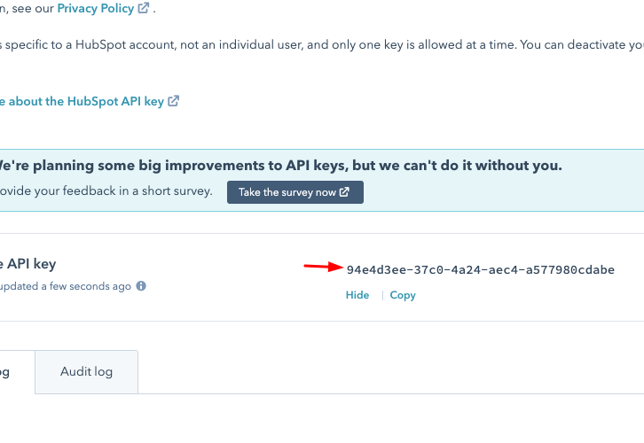 Copy the API Key for Hubspot