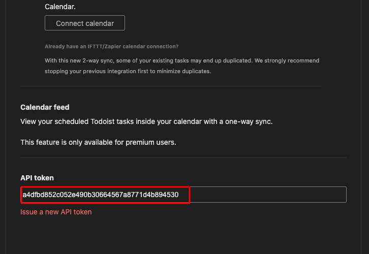 Copy the API Token Todoist