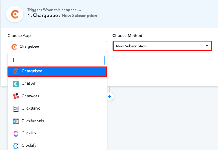 Select Chargebee to Add Google Sheets Rows for New Chargebee Subscriptions