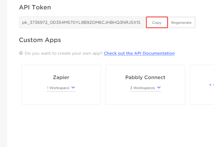 Copy the API Token