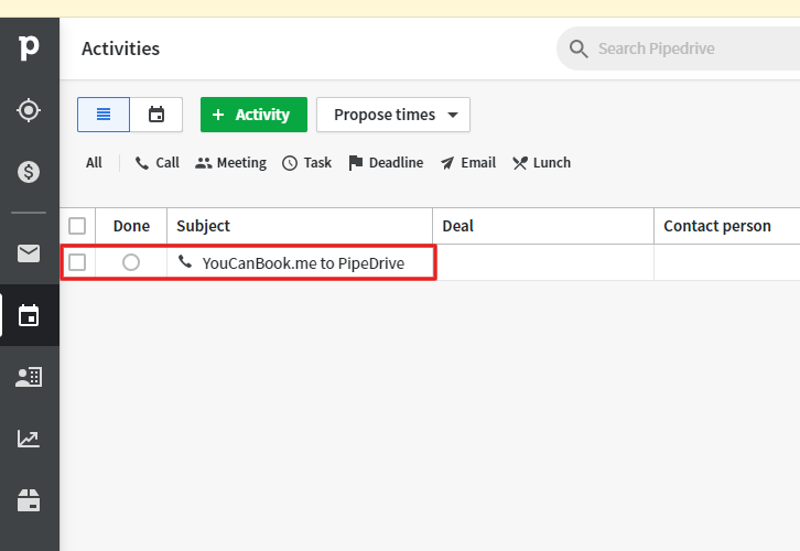 Check the Entry in Pipedrive to Create Pipedrive Activity for New YouCanBook.me Bookings