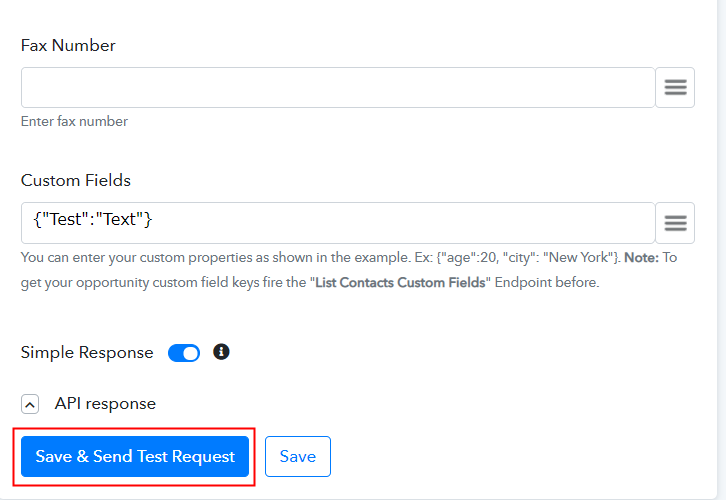 Save and Send Test Request