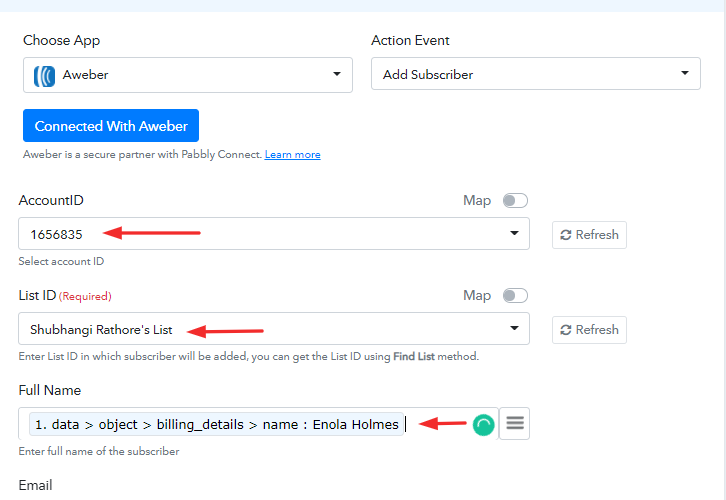 Map Field Data to integrate Stripe with AWeber