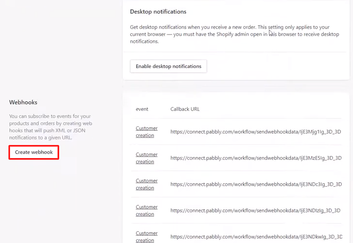 Click on Create Webhooks Shopify