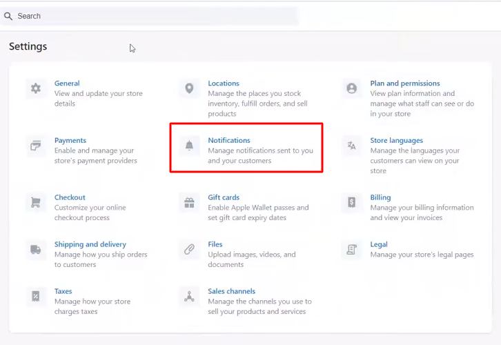 Click on Notifications Shopify