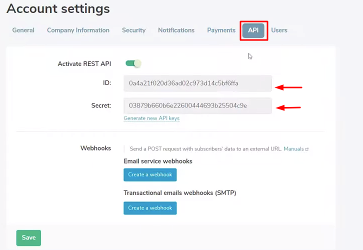 Copy API Key SendPulse