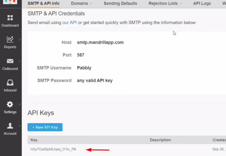 Copy the API Key Mandrill