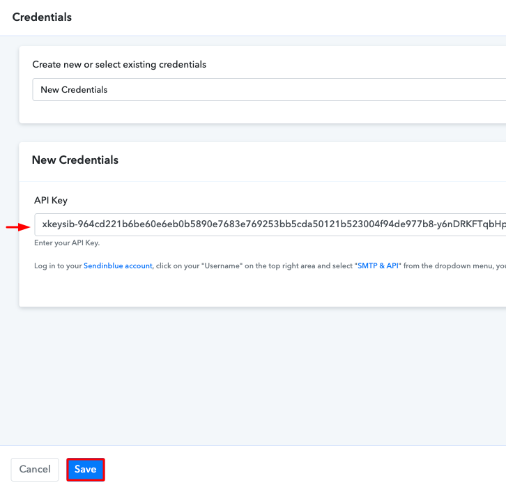 Paste the API Key Sendinblue