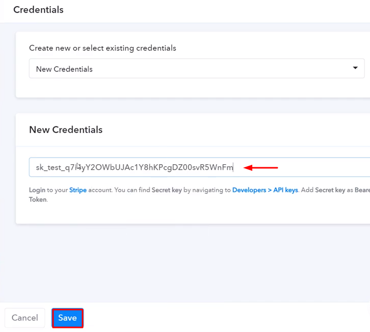 Paste the API key Stripe