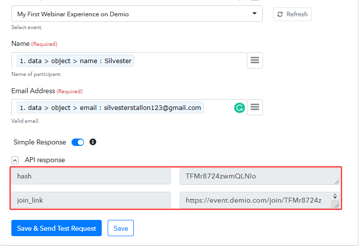 Action API Response for Stripe to Demio