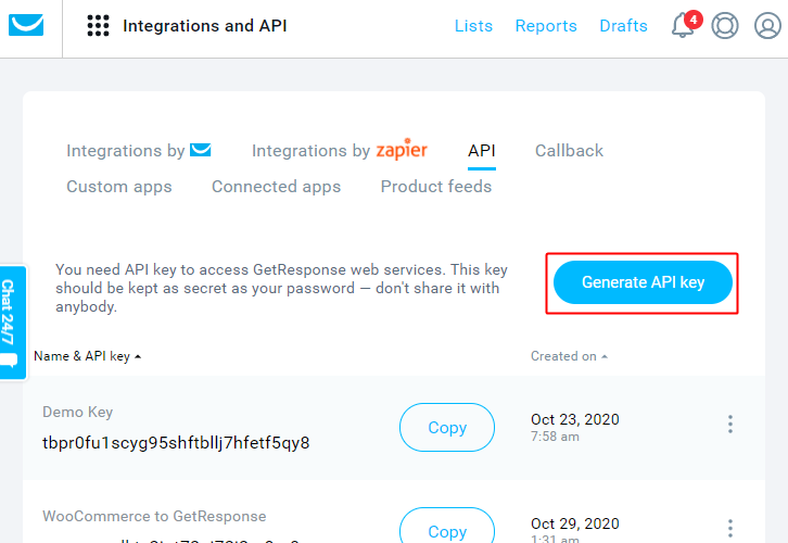 Click on Generate API Key