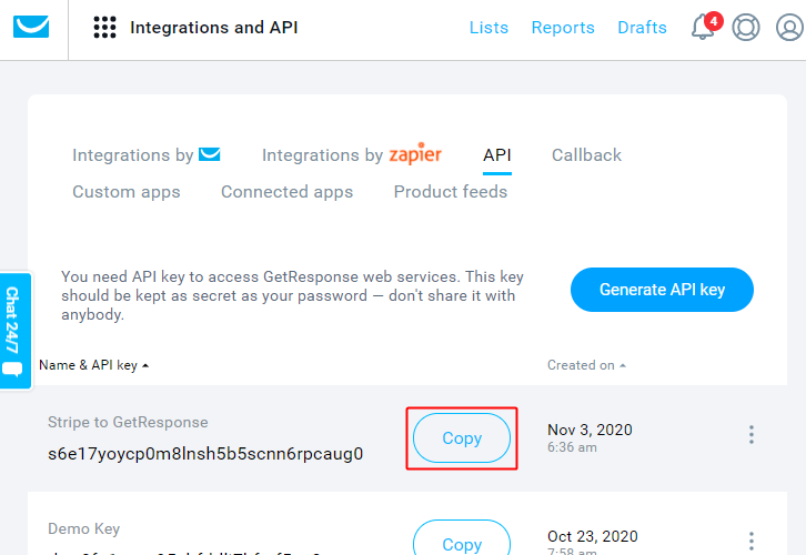 copy Generated API Key