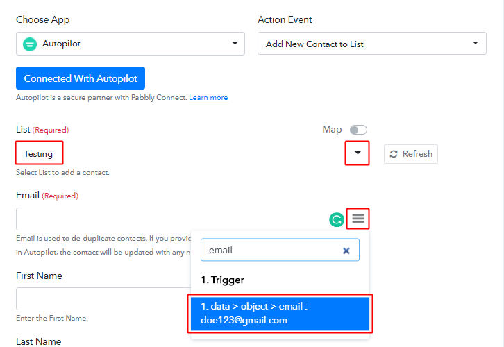 Map Fields for Stripe to Autopilot