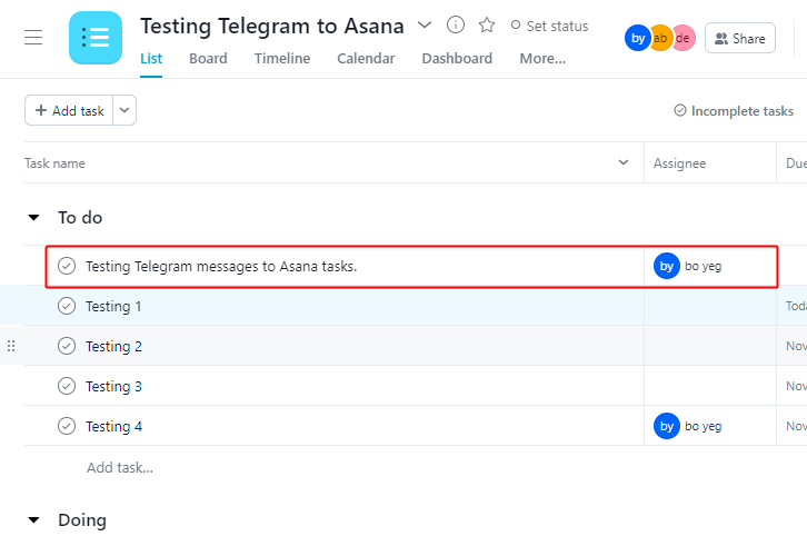 Task entry on Asana