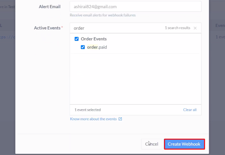 Click Create Webhook Razorpay